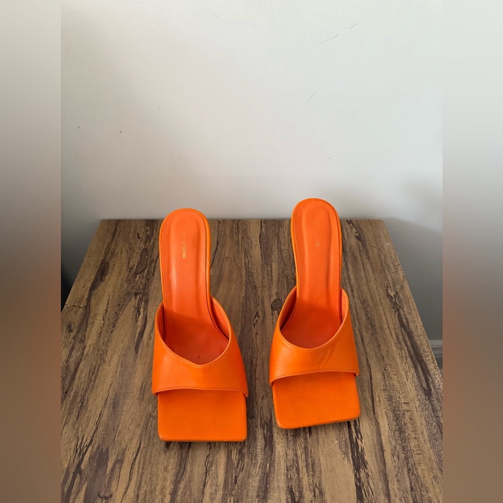 PrettyLittleThing Orange Square Toe Heeled Mules